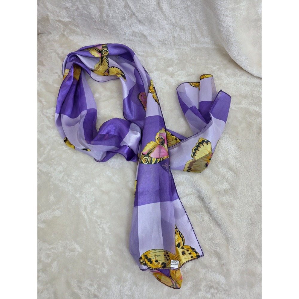 Vintage Style Purple Checkered Butterfly Print Scarf‎ Yellow Butterflies Korea